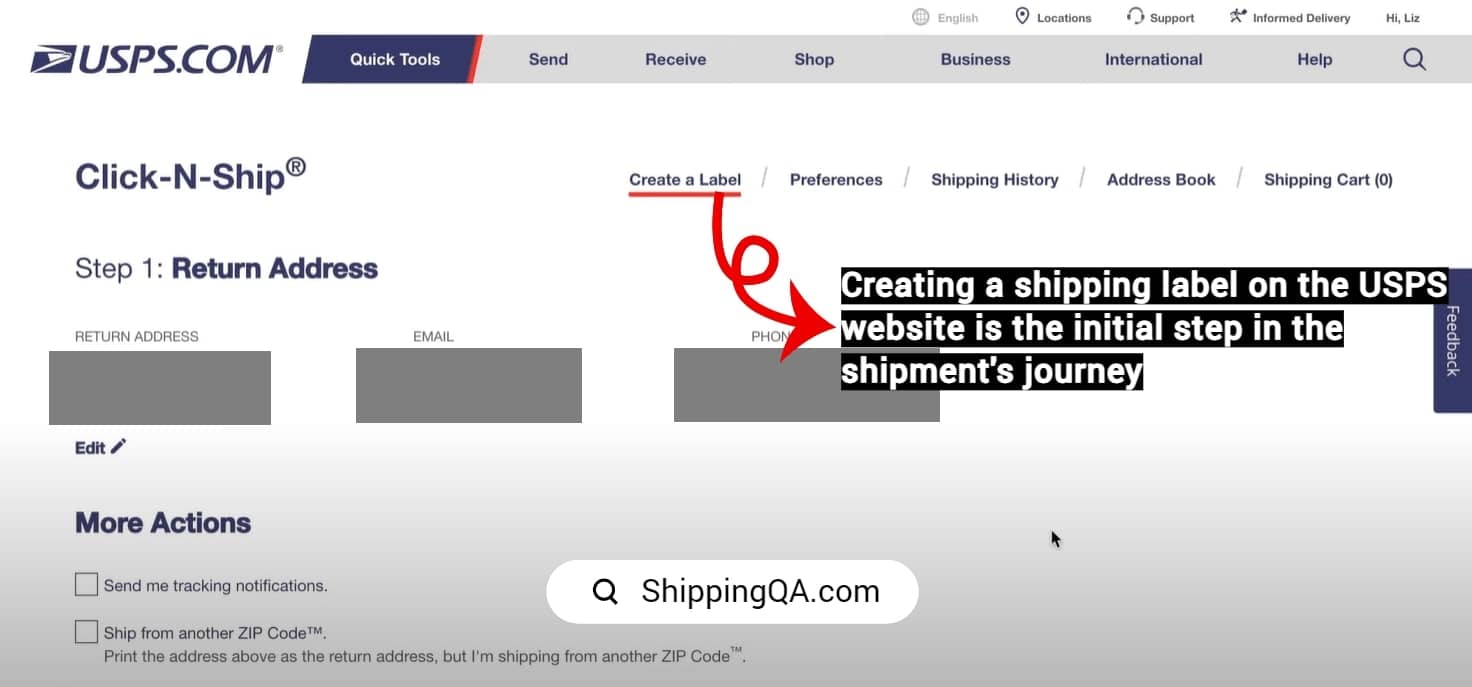 Creating a shipping label on the USPS website